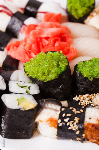 Set of sushi and rolls, Japanese cuisine