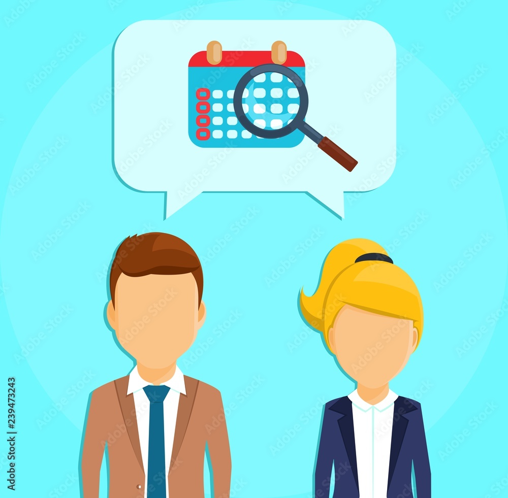 Business concept. A guy and a girl in business suits. Speech bubble with icon of a calendar. In flat style on blue background. Cartoon. Business concept. A guy and a girl in business suits. Speech bubble with icon of a calendar. In flat style on blue background. Cartoon.