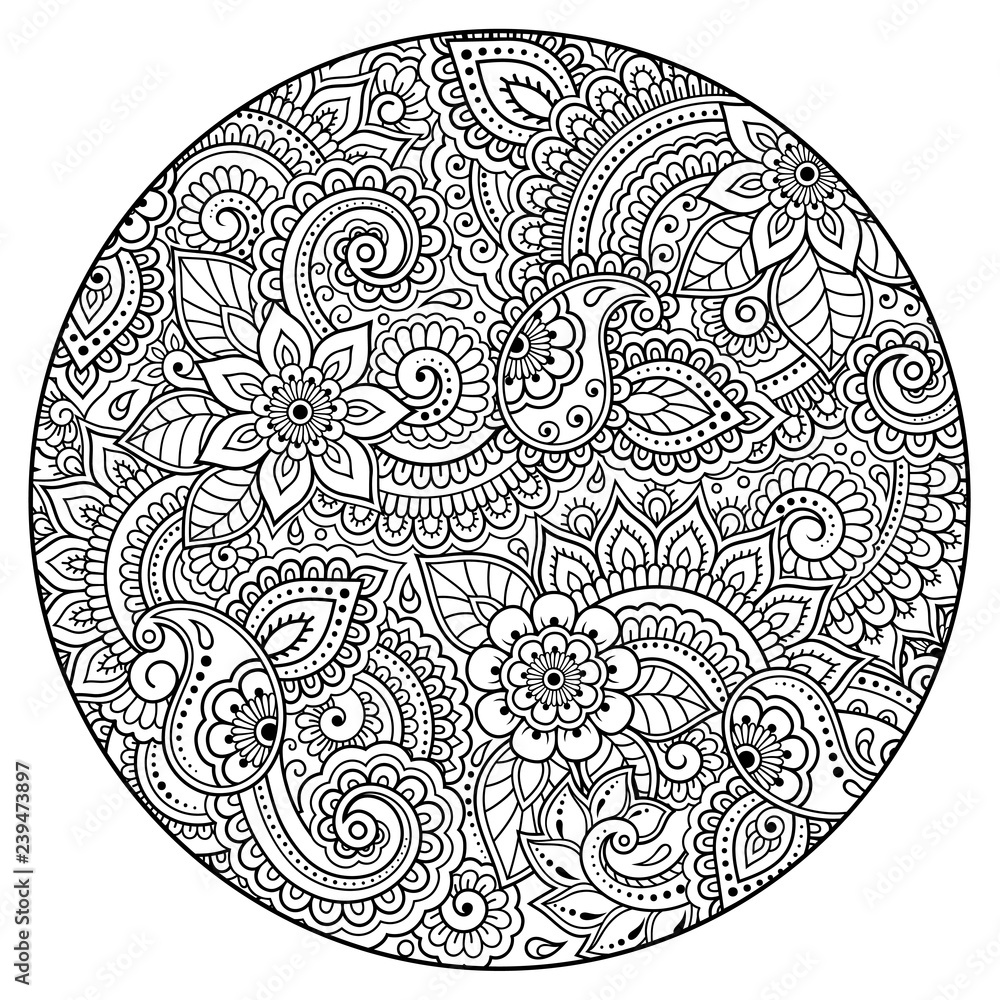 Outline round floral pattern for coloring book page. Antistress for adults and children. Doodle ornament in black and white. Hand draw vector illustration.