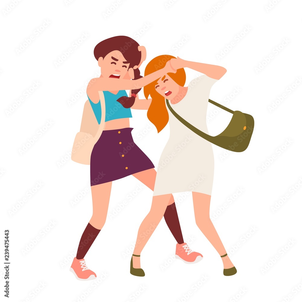 Pair of teenage girls fighting. Conflict between children, violent behavior  among teenagers, school abuse. Cartoon characters isolated on white  background. Colorful vector illustration in flat style. Stock Vector |  Adobe Stock