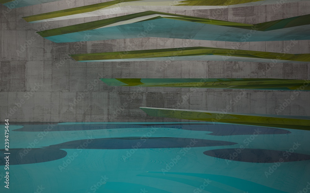 Obraz premium Abstract interior of concrete with blue water. Architectural background. 3D illustration and rendering