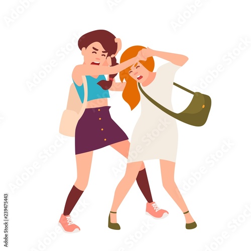 Pair of teenage girls fighting. Conflict between children, violent behavior a...
