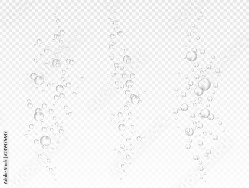 Vector air bubbles on light transparent background. 3d vector realistic undersea texture. Underwater air, effervescent drink, champagne, oxygen, gas bubbles, foam or water.