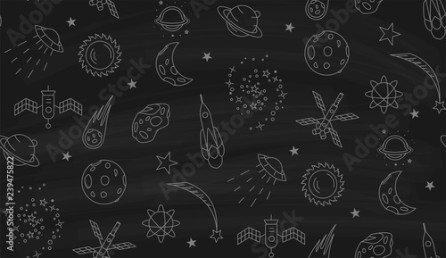 Space doodle seamless pattern. Outline space elements stars planets spaceships