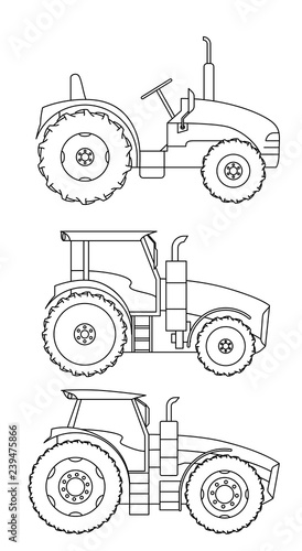 Thre tractors set.  Line art style vector illustration of a tractor isolated. Heavy agricultural machinery for field work