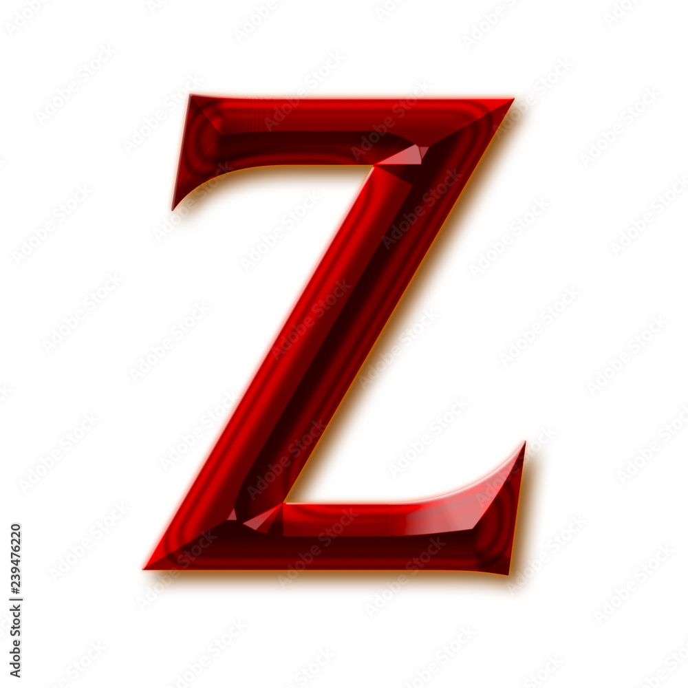 Letter Z from stylish faceted ruby alphabet, shiny gemstone