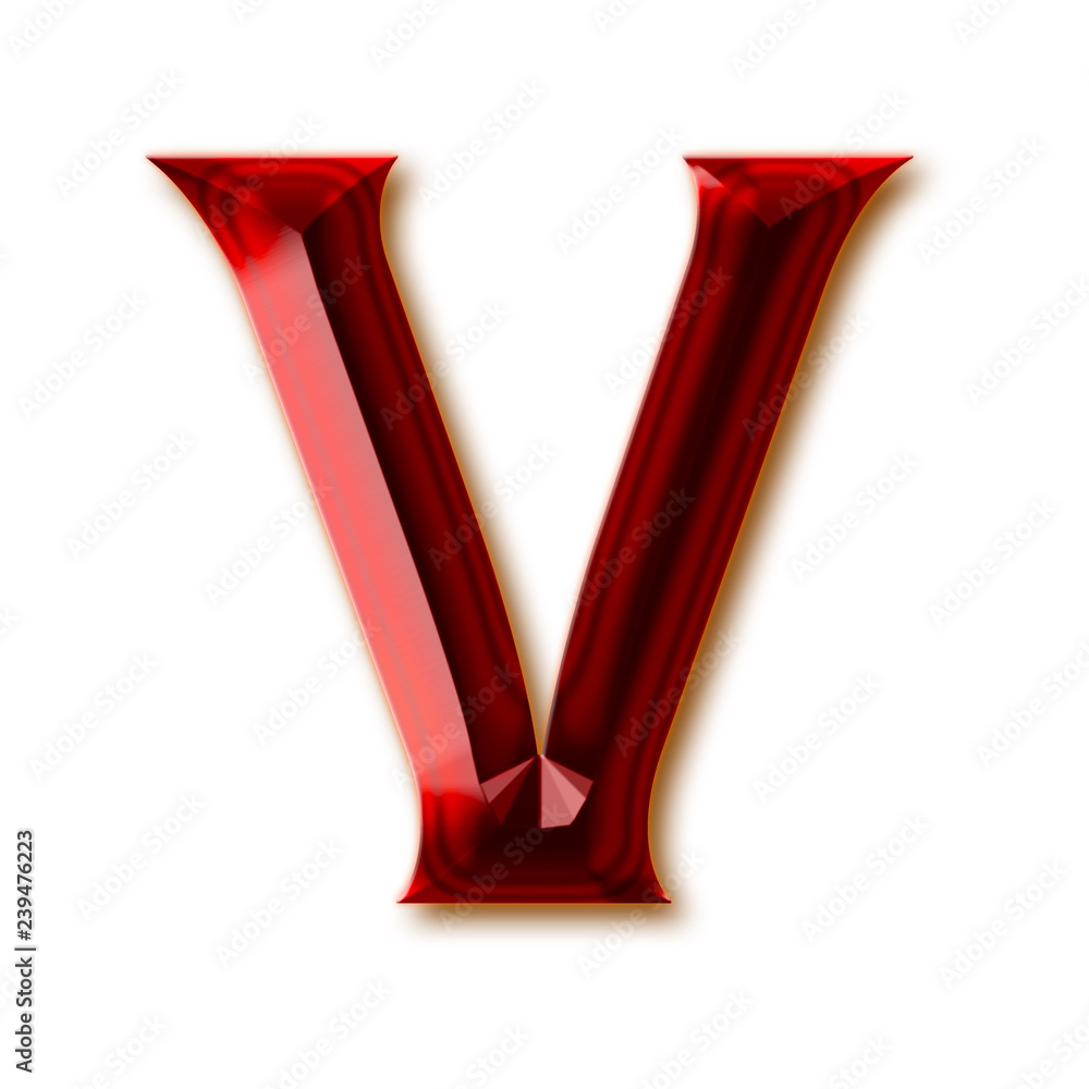 Letter V from stylish faceted ruby alphabet, shiny gemstone letters, numbers and punctuation marks Letter V from stylish faceted ruby alphabet, shiny gemstone letters, numbers and punctuation marks