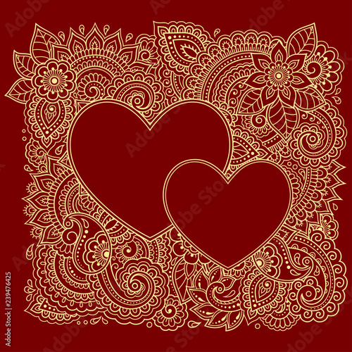 Stylized for mehndi flower colored pattern in form of heart. Decoration in ethnic oriental, Indian style. Valentine's day greetings.