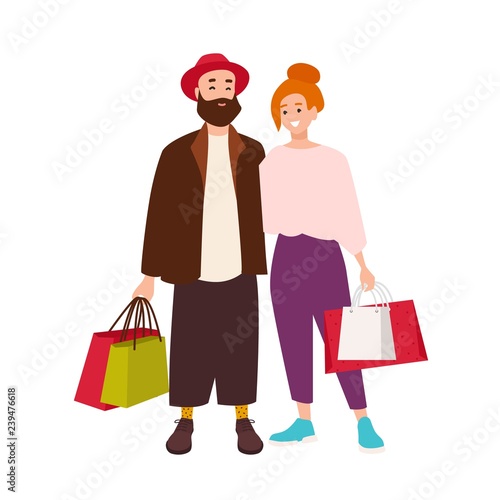 Cute happy couple carrying shopping bags. Smiling man and woman holding their purchases. Pair of shopaholics. Funny cartoon characters isolated on white background. Colorful flat vector illustration.