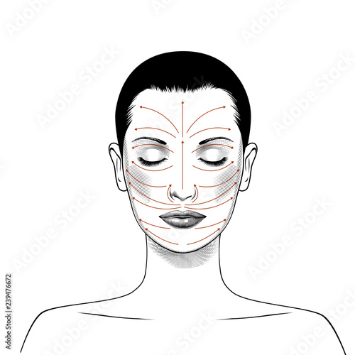Anti aging treatment and plastic surgery concept. Beautiful young woman with red arrows over face. Isolated on white. Vintage engraving stylized drawing. Vector illustration
