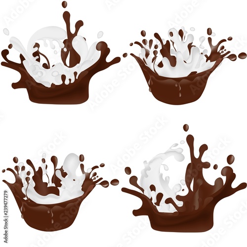 Set of realistic chocolate and milk splashes isolated on white background. Vector illustration