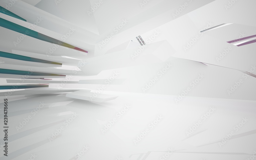 abstract architectural interior with white sculpture and geometric gradient glass lines. 3D illustration and rendering abstract architectural interior with white sculpture and geometric gradient glass lines. 3D illustration and rendering