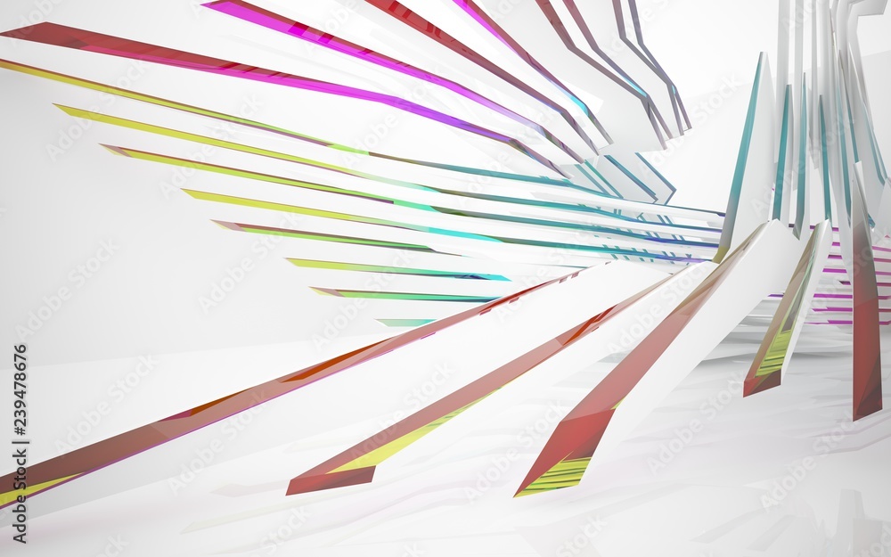 Obraz premium abstract architectural interior with white sculpture and geometric gradient glass lines. 3D illustration and rendering