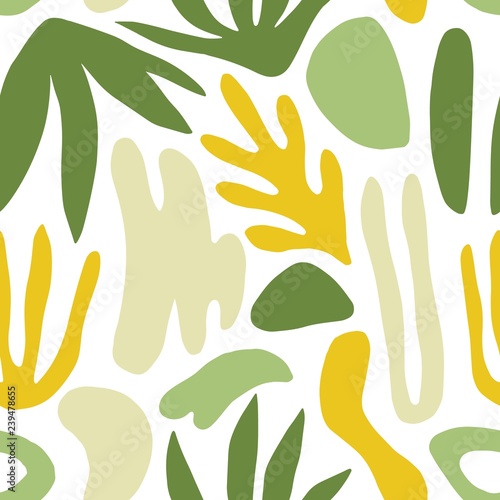 Abstract seamless pattern with green shapes or marks and exotic leaves on white background. Modern colorful vector illustration in flat style for wrapping paper, wallpaper, backdrop, textile print.
