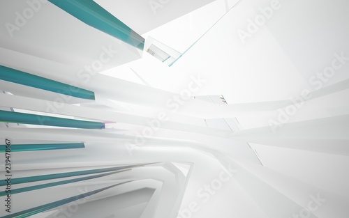 abstract architectural interior with white sculpture and geometric gradient glass lines. 3D illustration and rendering