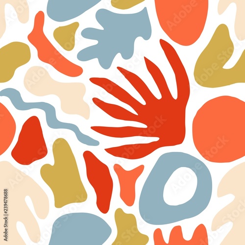 Decorative seamless pattern with unusual red and blue shapes or marks on whit...