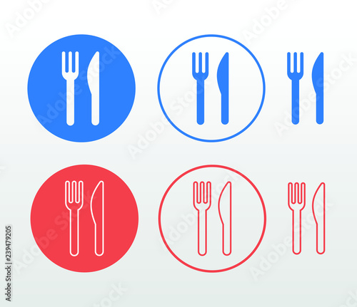 Restaurant knife and fork flat vector icon set (single color, outline and fill)