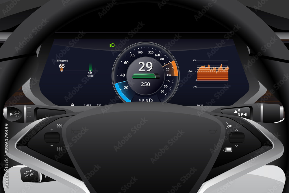 Electric car dashboard display closeup. Speedometer, battery level and efficiency indicator