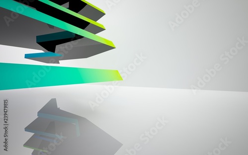 Abstract white interior of the future  with glossy black and colored gradient sculpture. 3D illustration and rendering