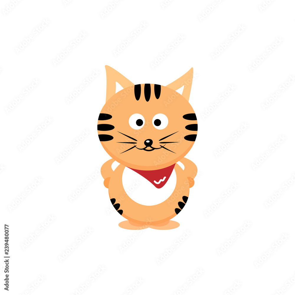 Cat, tiger with red scarves cartoon cute character flat design isolated on white abstract background vector illustration