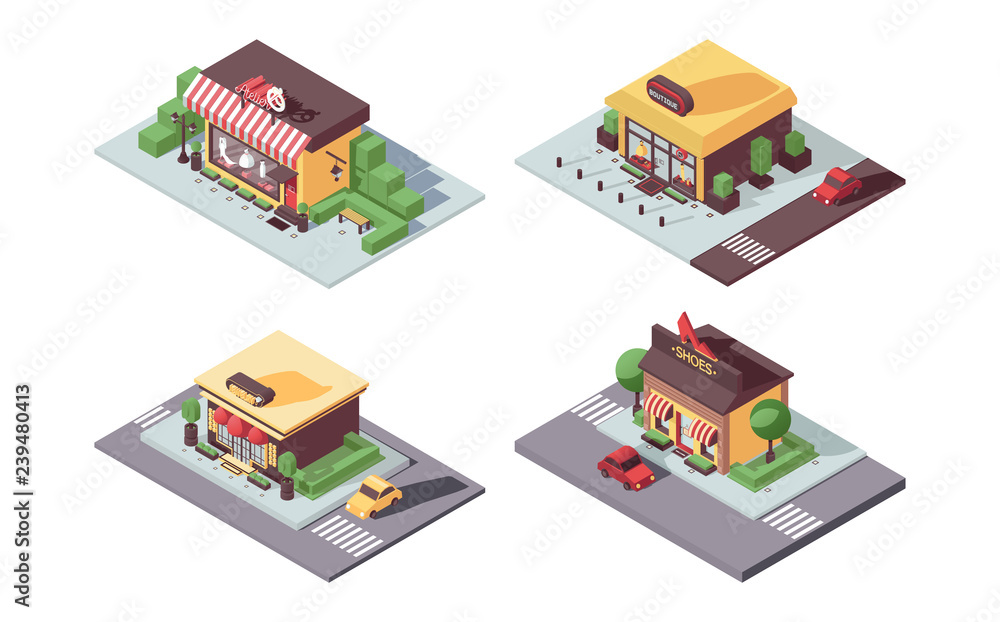 Isometric small business shops concept. Atelier, women dress and shoes boutique, jewelry in 3d, with shadows and greenery, integrated in city landscape. Vector concept illustration