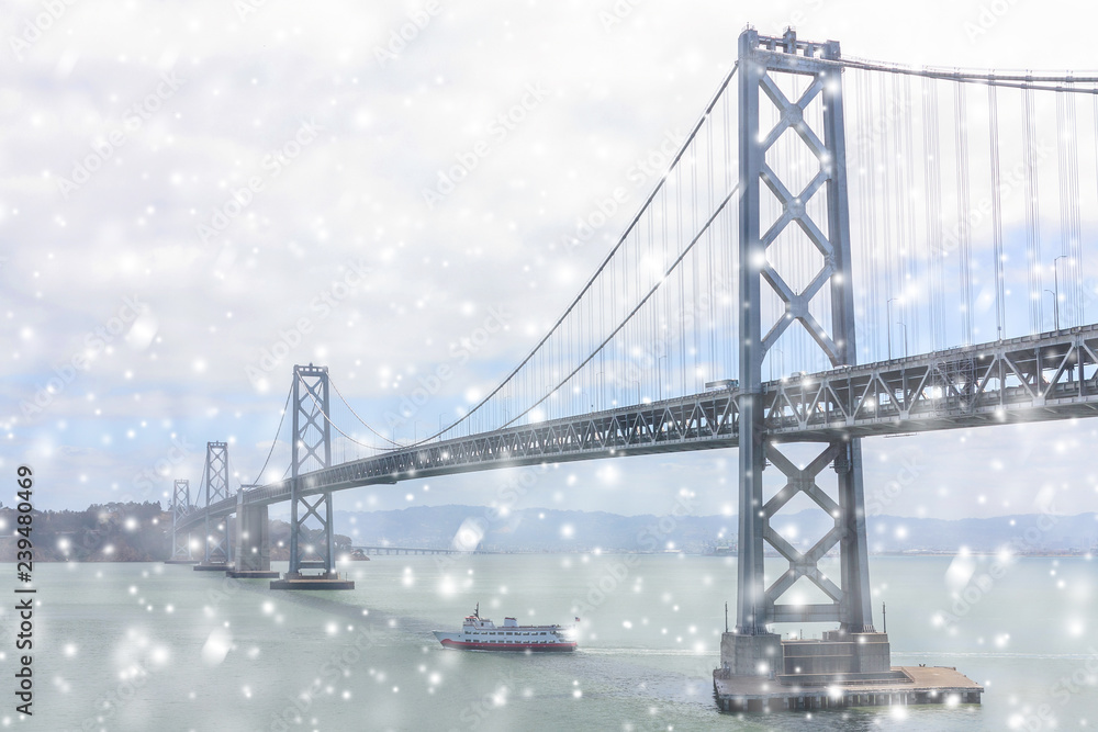 The view on the Bay Bridge and Treasure Island from San Francisco in the snowfall. The view on the Bay Bridge and Treasure Island from San Francisco in the snowfall.
