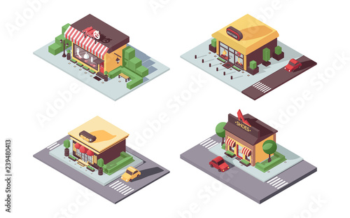 Isometric small business shops concept. Atelier, women dress and shoes boutique, jewelry in 3d, with shadows and greenery, integrated in city landscape. Vector concept illustration
