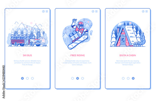 Winter ski resort onboarding mobile app page screens with snow chalet, snowboard free riding and ski bus service in line art design. Winter holidays in mountains vertical banners for applications.