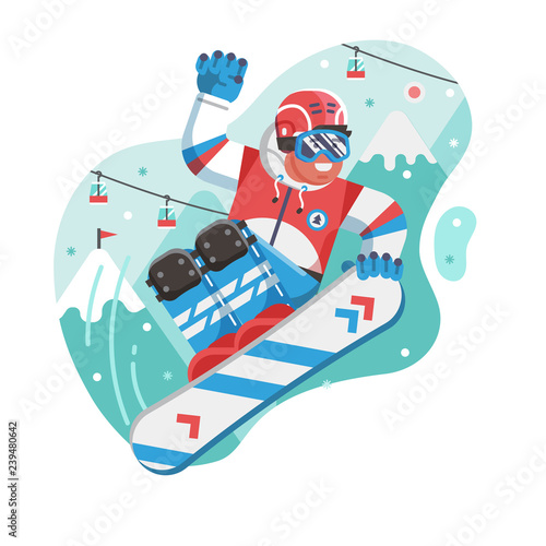 Smiling cross country snowboarder jumping on ski resort background. Freeride snowboard man character in motion concept scene. Mountain freestyle skier jump on snow hill.