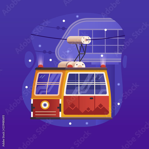 Red cable car in flat design. Electric ski lift or gondola icon in gradient trendy style. Winter funicular illustration. Mountain ski resort cable way concept scene.