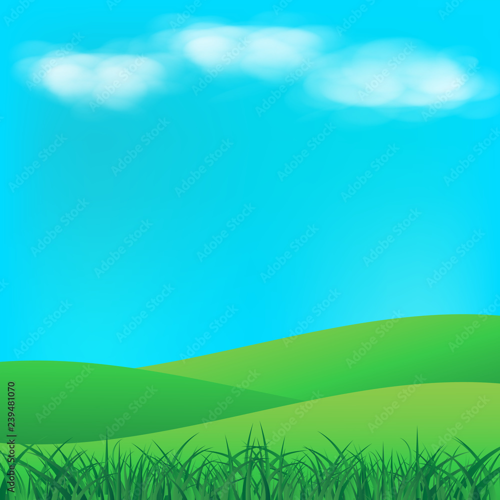 Grass field with clouds on sky landscape abstract background vector illustration