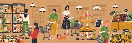 Men and women with shopping carts and baskets choosing and buying products at grocery store. People purchasing food at supermarket. Customers in retail shop. Flat cartoon vector illustration.