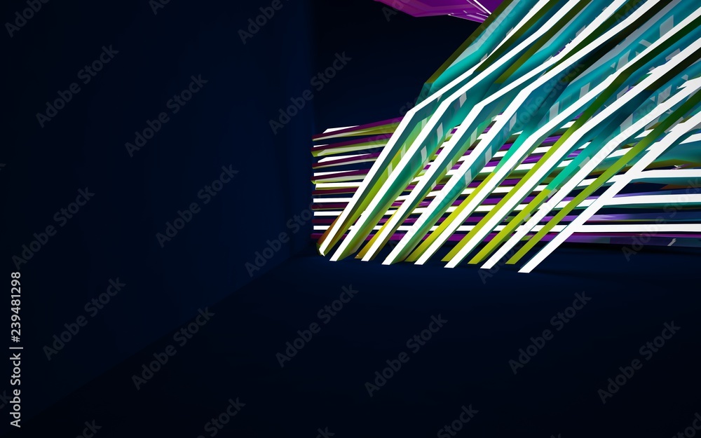 Abstract interior of the future in a minimalist style with gradient colored sculpture. Night view . Architectural background. 3D illustration and rendering Abstract interior of the future in a minimalist style with gradient colored sculpture. Night view . Architectural background. 3D illustration and rendering