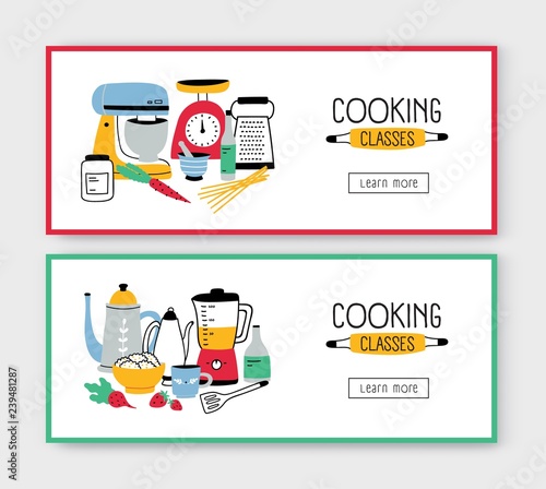 Set of web banner templates with kitchen utensils, tools for food preparation and place for text. Colored vector illustration in flat style for advertisement of cooking school, classes or lessons.