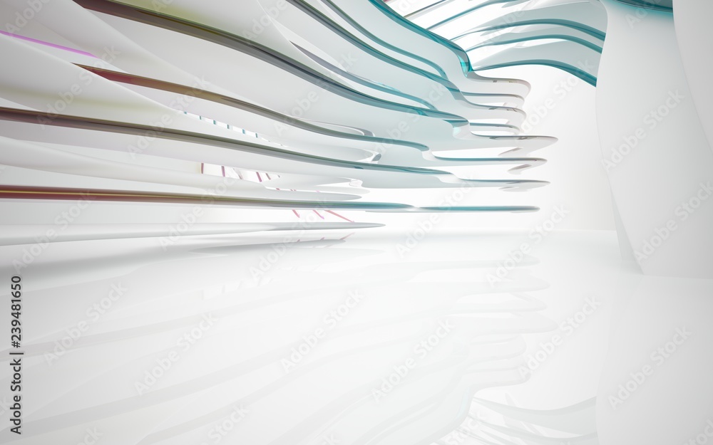 White smooth abstract architectural background whith colored gradient lines . 3D illustration and rendering