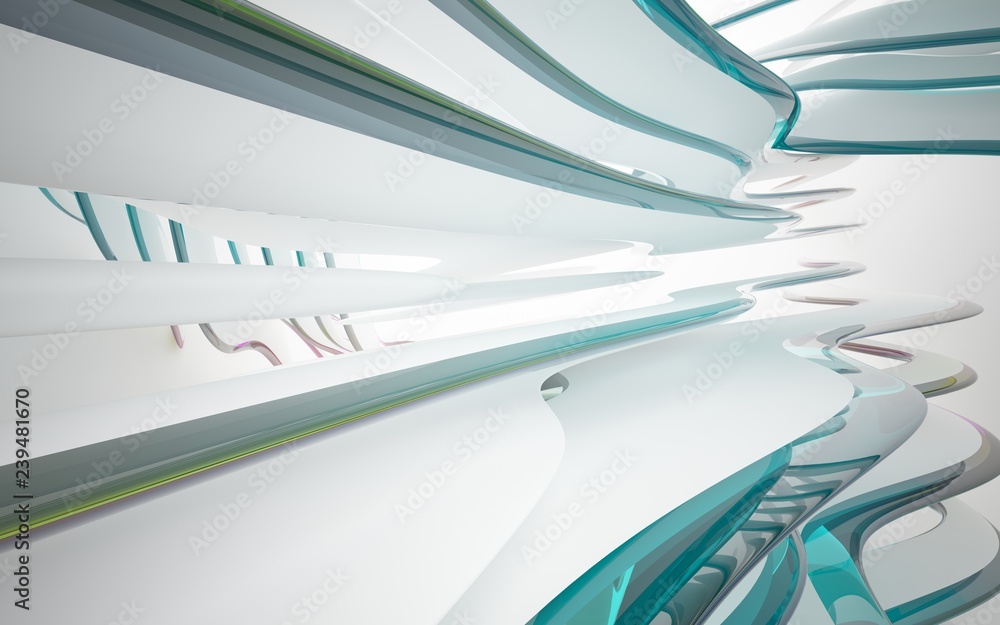 Fototapeta premium White smooth abstract architectural background whith colored gradient lines . 3D illustration and rendering