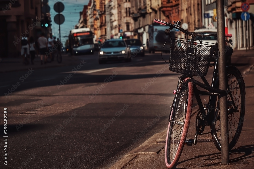  parked bike on a city street