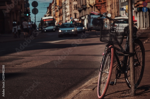  parked bike on a city street