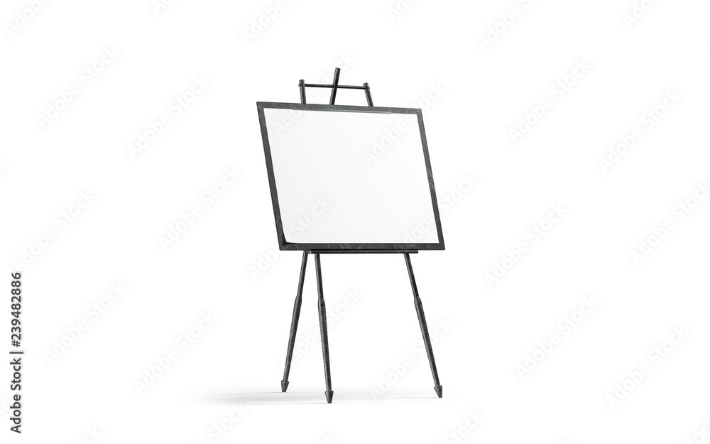Blank white art canvas stand on black wooden easel mockup, isolated, 3d  rendering. Empty sketch mock up, side view. Tripod with banner for school  or studio. Clear exhibition painting template Stock Photo 