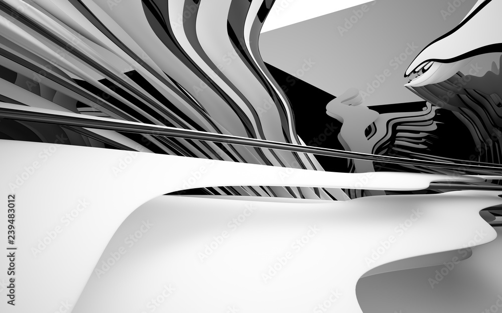 Obraz premium Abstract dynamic interior with white smooth objects and black room . 3D illustration and rendering