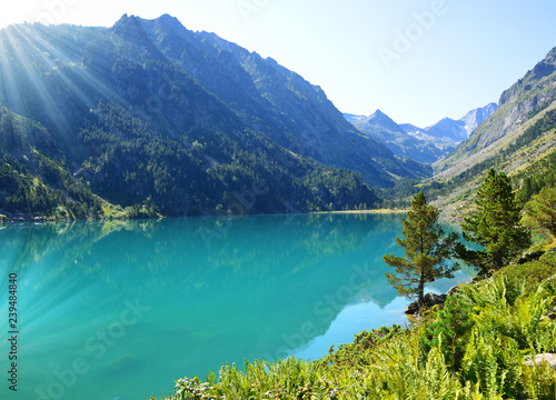 Gaube lake in the Pyrenees national park,France. Summer mountain landscape at sunrise.