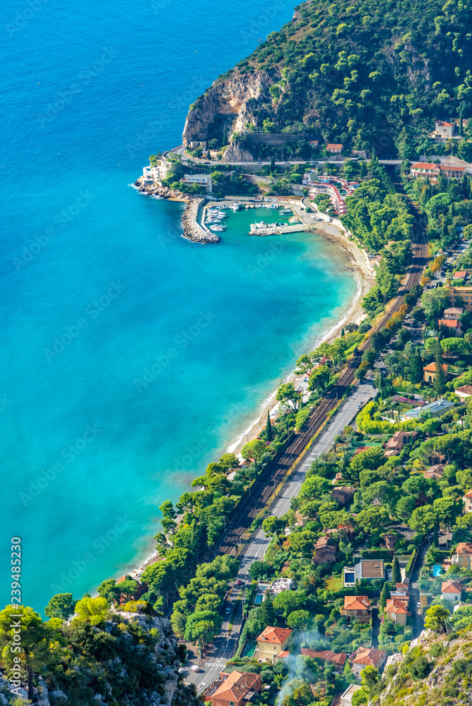 Aerial view of the coastline of French Riviera, Cote d`Azure area on the seaside in France