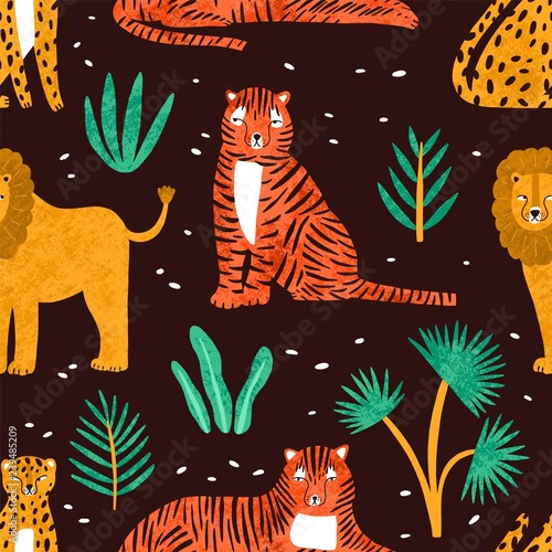 Childish seamless pattern with funny lions, tigers, leopards and leaves of tr...