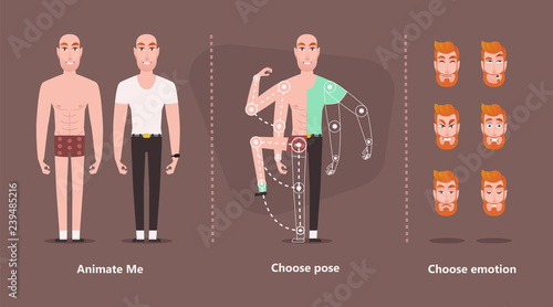 Character man for animation. Isolated parts to create a need posture. Set for creating Flat cartoon - Vector. Different emotions, poses, face expressions, body parts of young hipster male constructor  photo