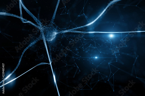 Conceptual dark blue colored neuron cell in the brain on black illustration background.