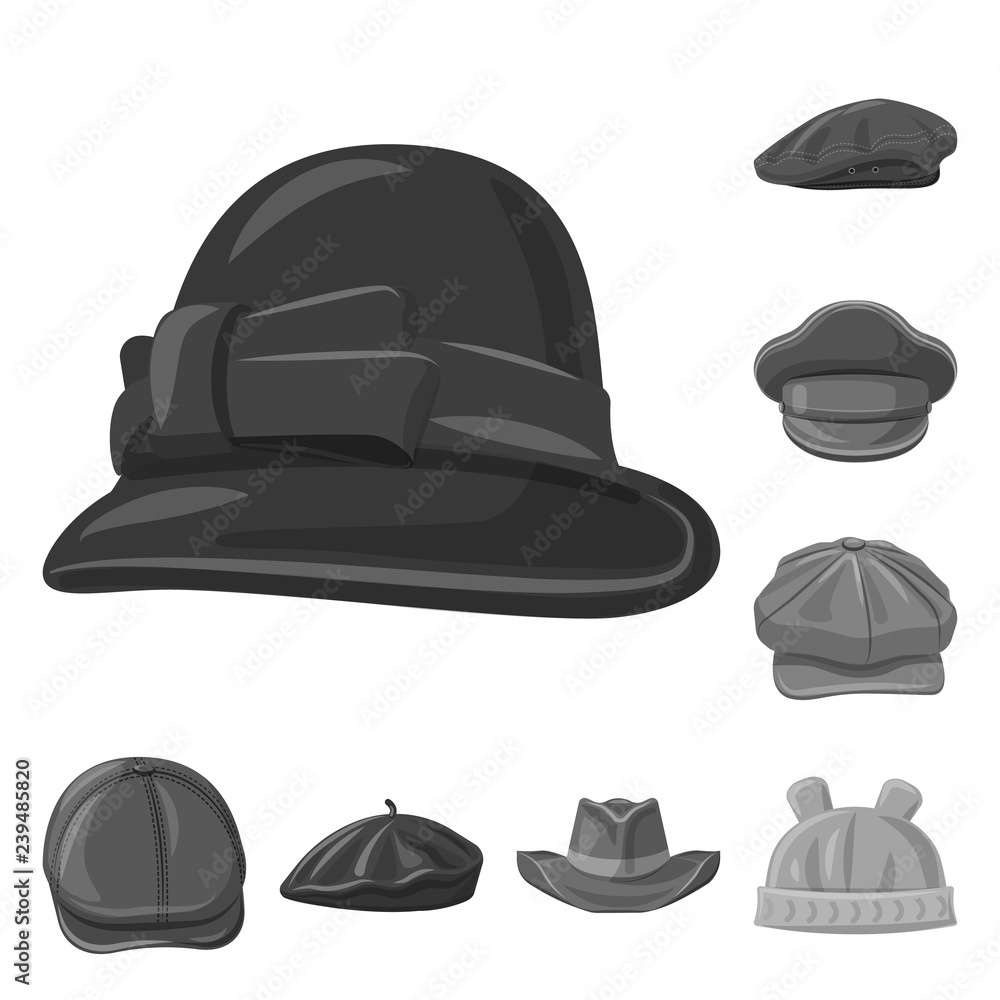 Vector illustration of headgear and cap sign. Set of headgear and accessory stock symbol for web. Vector illustration of headgear and cap sign. Set of headgear and accessory stock symbol for web.