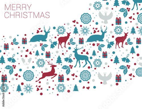 Merry Christmas Weihnachtskarte mit Rentier Geschenk Tannenbaum Schneeflocke
