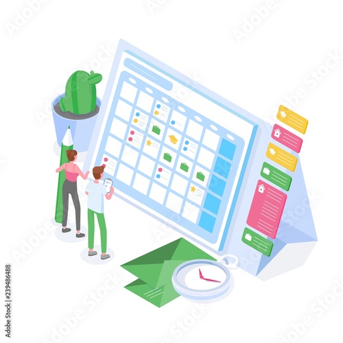 Man and woman standing in front of giant schedule or timetable. Planning, task management, organization of time, project accomplishment, goals achievement. Colorful isometric vector illustration.