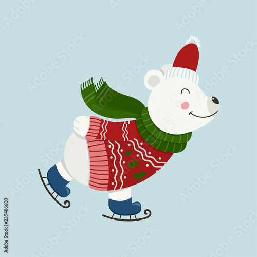 Isolated cute white bear is dressed in winter clothes and skated