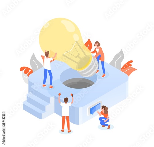 Group of people or team members putting giant lightbulb into light fixture. Teamwork or effective and efficient collective work, collaboration and cooperation. Colorful isometric vector illustration.